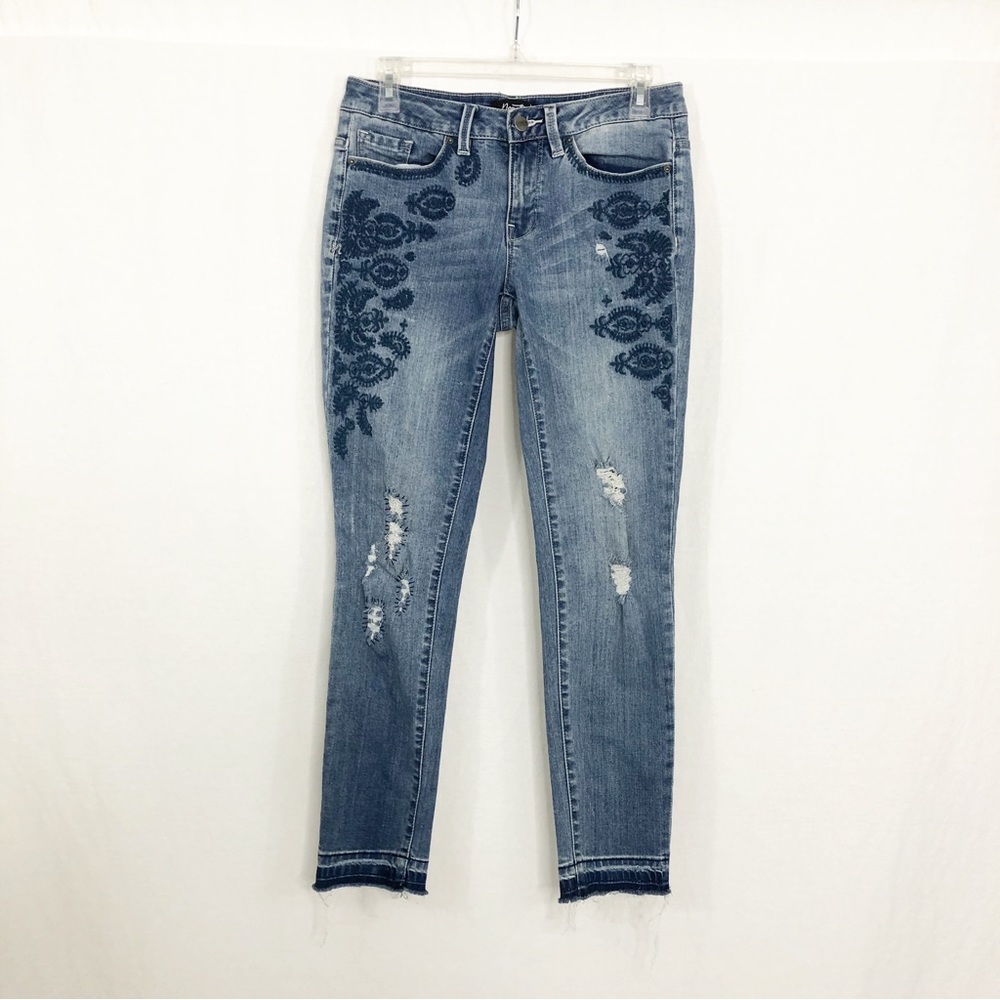 Nanette Lepore Distressed Embroidered Released Hem Ankle Jeans, Size 2, Blue